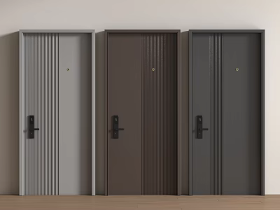 Security Doors in Gray Brown Dark Gray with Vertical Stripes Black Handles Gold Lock Holes 3d model