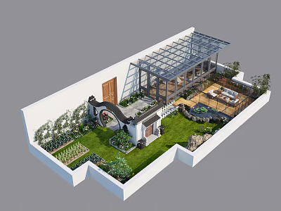 Roof Garden Design With Lush Lawn Greenery Glass Pavilion And Cozy Seating Area 3d model