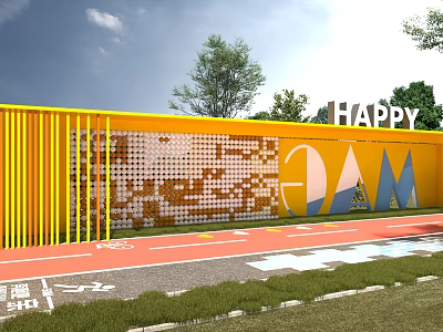 Yellow Perforated Feature Wall With Happy Lettering GAM Graphics Red Pathway And Trees 3d model