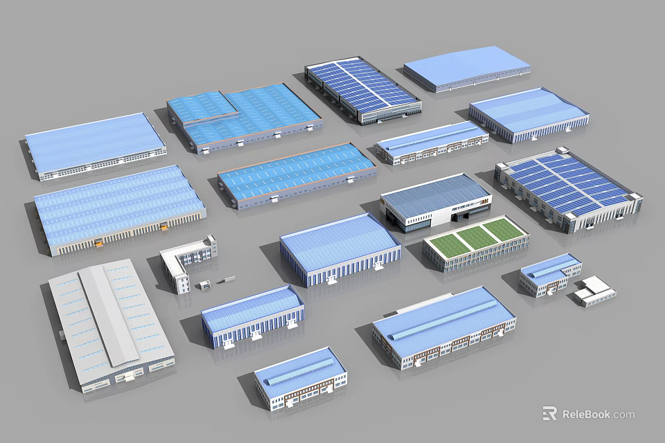 Various Types of Industrial Factory Structures With Blue Rooftop And Solar Panel Designs 3d model 