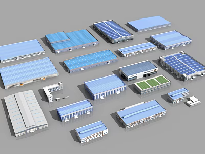 Various Types of Industrial Factory Structures With Blue Rooftop And Solar Panel Designs 3d model