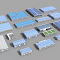 Various Types of Industrial Factory Structures With Blue Rooftop And Solar Panel Designs