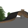 Modern Canal Entrance Gate With Curved Gray Roof And Wooden Structure