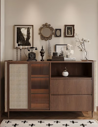 Elegant Wooden Sideboard With Rattan Doors Framed Art And Vase Decor On Top 3d model