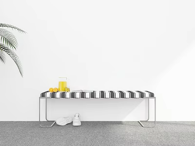 Minimalist Indoor Scene With Striped Bench Orange Juice White Shoes And Green Plant 3d model