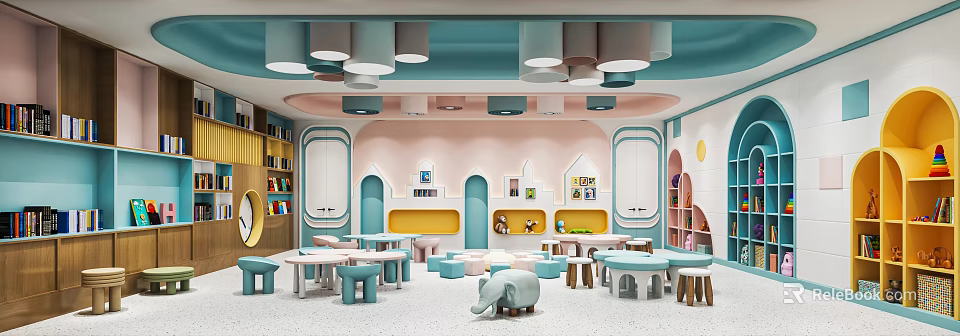 Kindergarten Interior Design With Colorful Walls Small Tables Chairs Bookshelves Stuffed Toys And Circular Lights 3d model 
