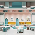 Kindergarten Interior Design With Colorful Walls Small Tables Chairs Bookshelves Stuffed Toys And Circular Lights