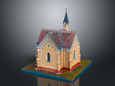 Cartoon Church Scene With Yellow Exterior Red Roof And Spire Tower 3d model
