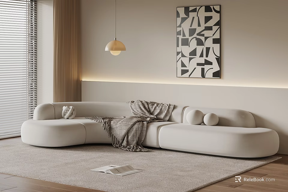 Stylish White Curved Sectional Sofa With Blanket Pillow And Geometric Artwork On Wooden Floor 3d model 