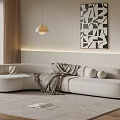 Stylish White Curved Sectional Sofa With Blanket Pillow And Geometric Artwork On Wooden Floor