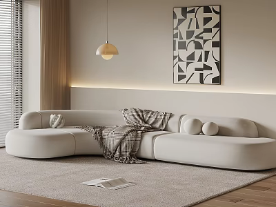 Stylish White Curved Sectional Sofa With Blanket Pillow And Geometric Artwork On Wooden Floor 3d model