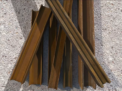 Old Rusted Brown Metal Strips Stacked On Rough Concrete Background Surface 3d model