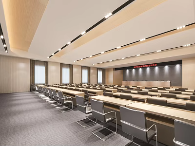 Large Modern Conference Room With Arranged Tables Chairs Ceiling Lighting And Wall Decorations 3d model