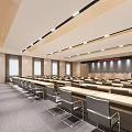 Large Modern Conference Room With Arranged Tables Chairs Ceiling Lighting And Wall Decorations
