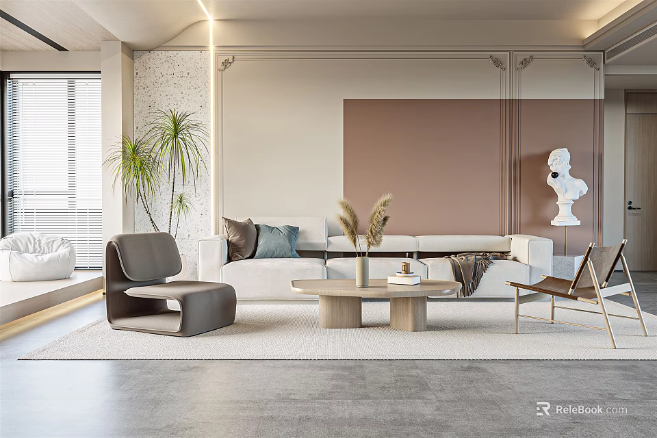 Modern Living Room Interior With Light Sofa Cushions Wooden Coffee Table Potted Plant And Sculpture 3d model 