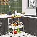 Kitchen Interior With Wooden Top Cart Vegetables Condiment Bottles Green Tiles And Black Cabinets