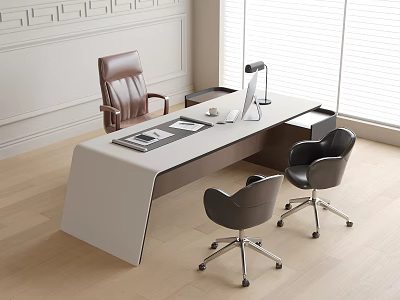 Modern White Dark Wood Office Desk With Laptop Documents Lamp And Leather Chairs Near Window 3d model