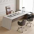 Modern White Dark Wood Office Desk With Laptop Documents Lamp And Leather Chairs Near Window
