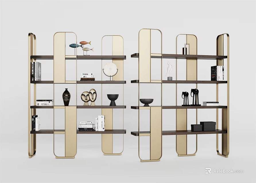 Modern Gold Metal Frame Shelving Unit With Black Shelves And Decorative Ornaments 3d model 
