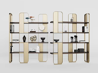 Modern Gold Metal Frame Shelving Unit With Black Shelves And Decorative Ornaments 3d model