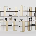 Modern Gold Metal Frame Shelving Unit With Black Shelves And Decorative Ornaments