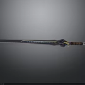 Decorative Fantasy Sword With Metallic Blade Blue Patterns And Brown Leather Hilt