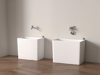 Bathroom Accessories Featuring White Square Washbasins With Silver Faucets On Light Gray Wall Wooden Floor 3d model