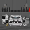 Modern Kitchen Appliances With Espresso Machine Countertop Setup And Bottles Glasses Towels