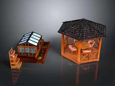 Wooden Gazebo With Tile Roof Tables Chairs And Glass Greenhouse With Shelves 3d model