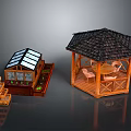 Wooden Gazebo With Tile Roof Tables Chairs And Glass Greenhouse With Shelves
