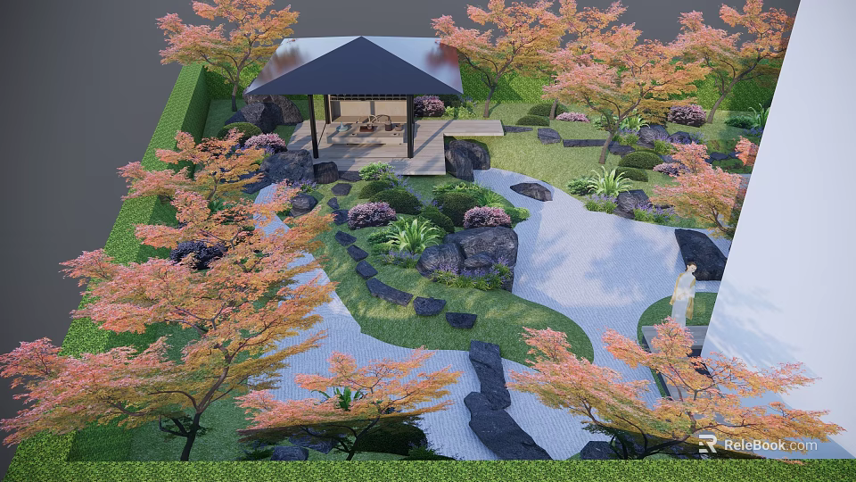 Traditional Karesansui Garden With Raked Sand Stones Maple Trees And Gazebo 3d model 