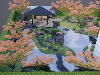 Traditional Karesansui Garden With Raked Sand Stones Maple Trees And Gazebo 3d model