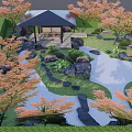 Traditional Karesansui Garden With Raked Sand Stones Maple Trees And Gazebo
