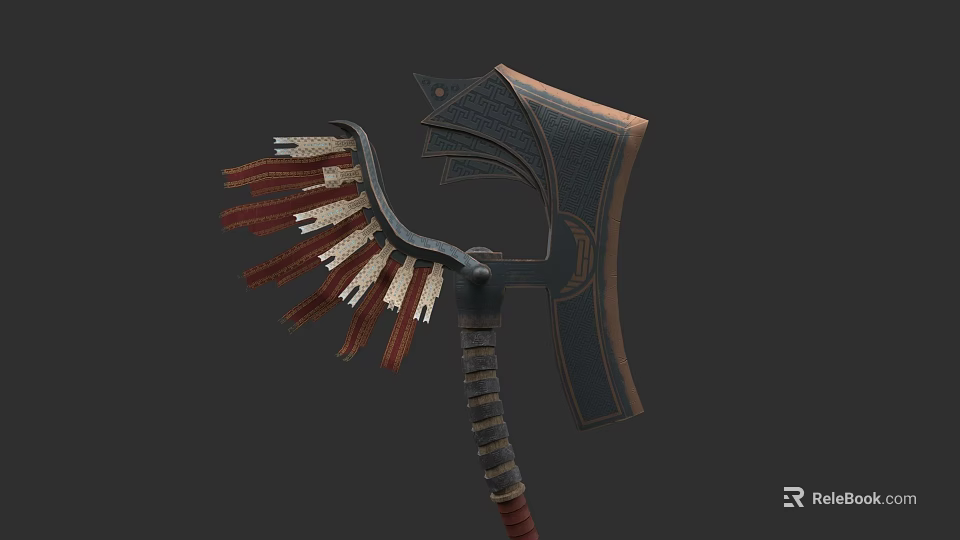 Mythical Decorative Axe With Feather Like Attachments And Wrapped Handle Design 3d model