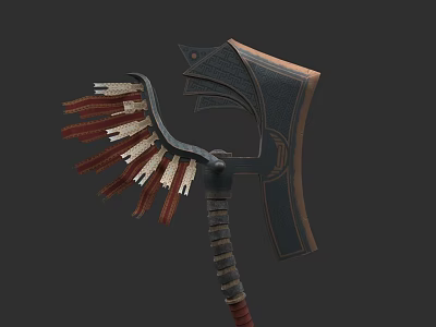 Mythical Decorative Axe With Feather Like Attachments And Wrapped Handle Design 3d model