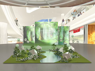 Creative Forest Themed Mall Interior Decoration With Green Lawn Small House Models And Stream 3d model