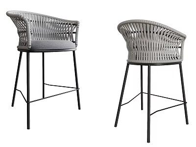 Woven Rattan Bar Stools With Gray Padded Seats And Black Metal Legs 3d model