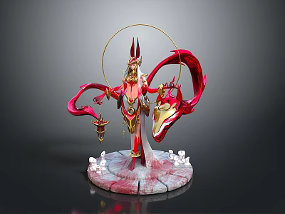 Elegant Decorative Statue With Red Ribbons Golden Ornaments Halo White Crystal Decorations And Pedestal Base 3d model