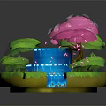 Cartoon Scene With Green Grass Blue Waterfall And Pink Cherry Blossom Tree