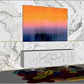 Modern White Sideboard Design With Marble Wall Colorful Abstract Painting And Colorful Rug