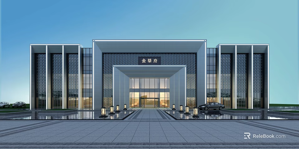 Modern Symmetrical Sales Office Building With Glass Curtain Walls And Spacious Plaza 3d model 
