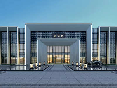 Modern Symmetrical Sales Office Building With Glass Curtain Walls And Spacious Plaza 3d model