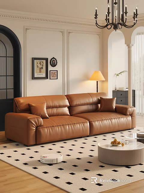 Elegant Living Room Interior With Brown Leather Sofa Floor Lamp Wall Art And Checkered Floor 3d model 