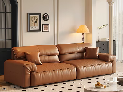 Elegant Living Room Interior With Brown Leather Sofa Floor Lamp Wall Art And Checkered Floor 3d model