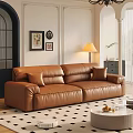 Elegant Living Room Interior With Brown Leather Sofa Floor Lamp Wall Art And Checkered Floor