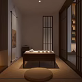 Traditional Chinese Teahouse Interior With Wooden Table Chairs Tea Sets And Hanging Lantern