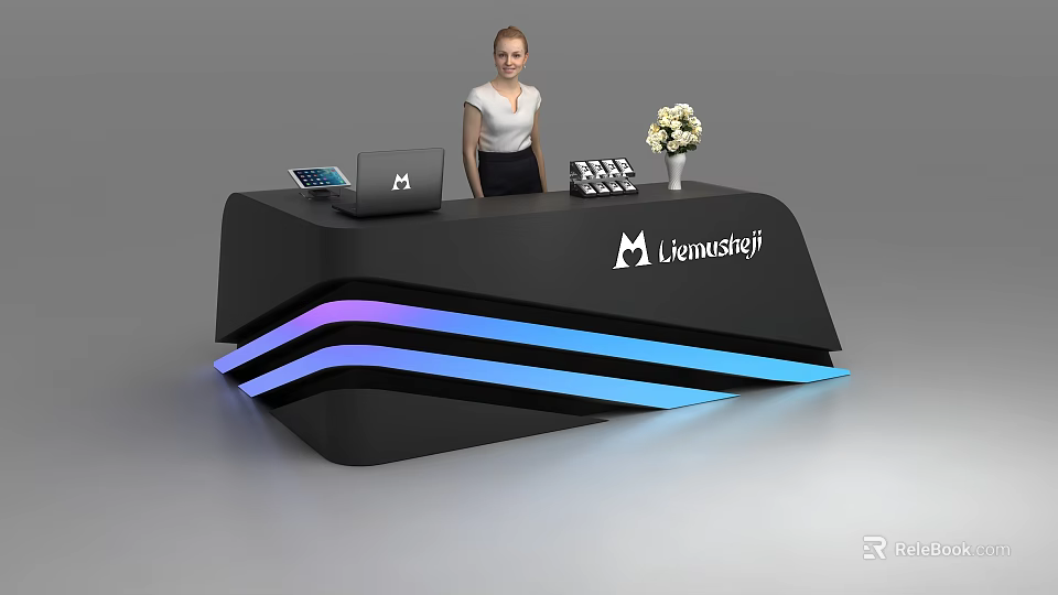 Black Reception Desk With Purple Blue Glowing Strips Laptop Tablet Water Bottles And White Flowers 3d model 