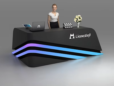 Black Reception Desk With Purple Blue Glowing Strips Laptop Tablet Water Bottles And White Flowers 3d model