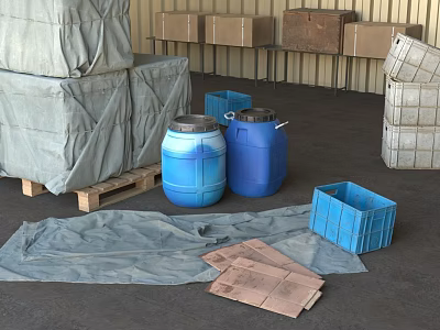 Factory scene industrial supplies paint bucket blue plastic bucket plastic basket carton packing box 3d model