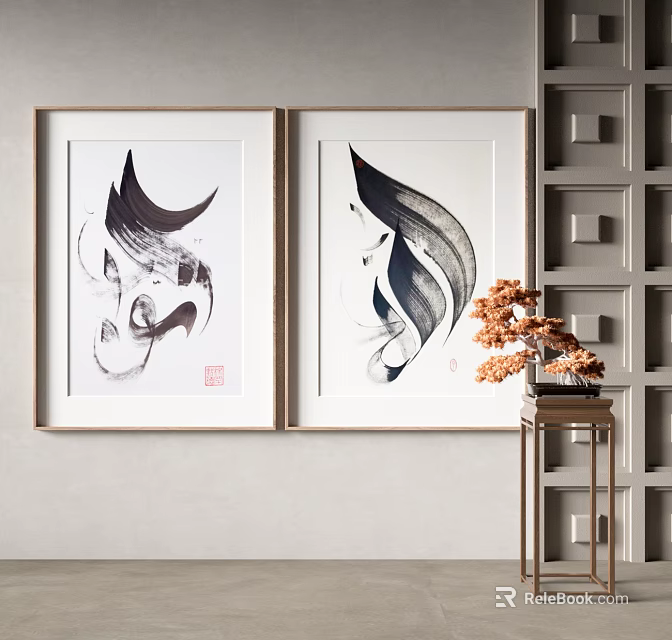 Framed Abstract Ink Paintings On Wall With Small Table And Orange Flowers 3d model